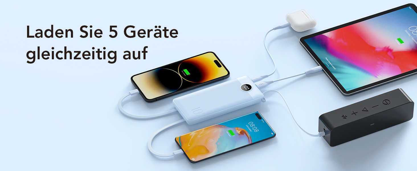 З кабелем, LED дисплей, 5 виходів, 2 входи, для iPhone/Huawei/Samsung, 10000mAh