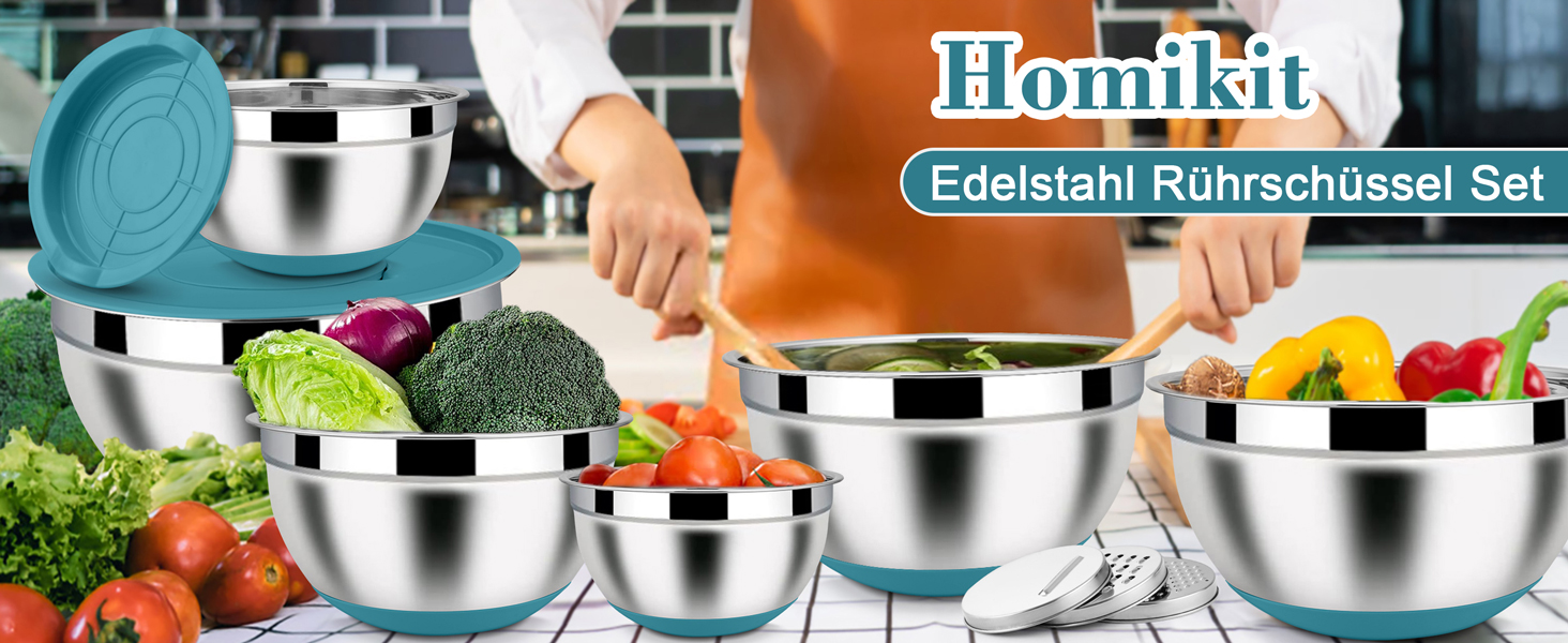 Набір місок Homikit з нержавіючої сталі, 6 шт. з тертками, кришками та силіконовим дном, 4.6L/2.8L/2.5L/1.6L/1.2L/0.7L, блакитний