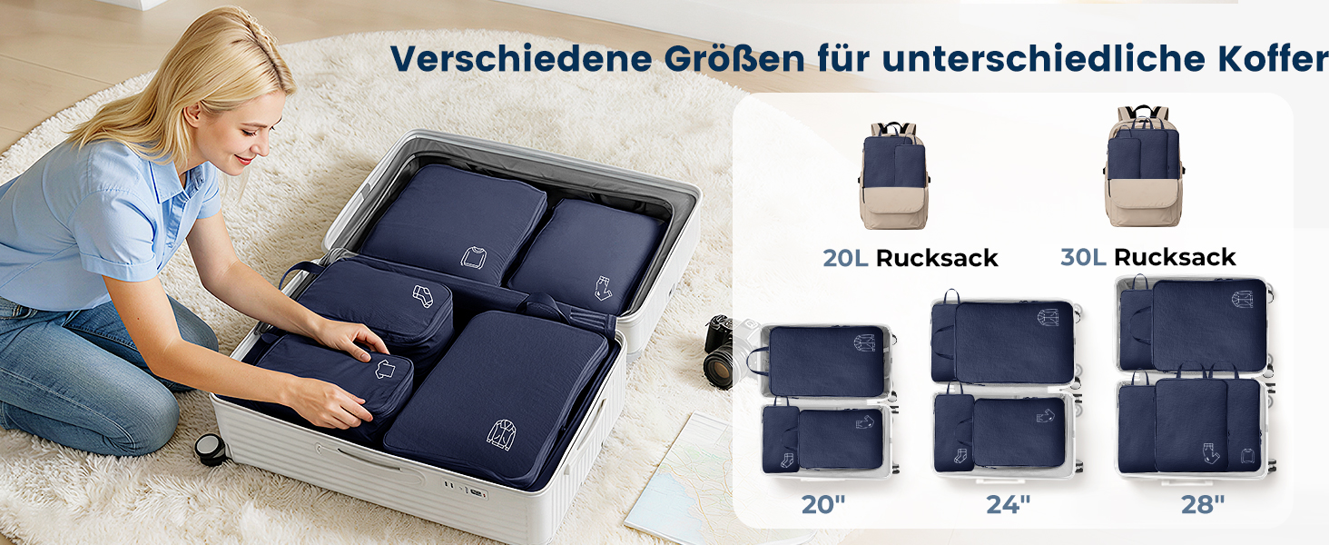 Набір компресійних органайзерів для одягу в дорогу (5 шт), нейлонові дорожні сумки-кубики для валізи та рюкзака, темно-синій