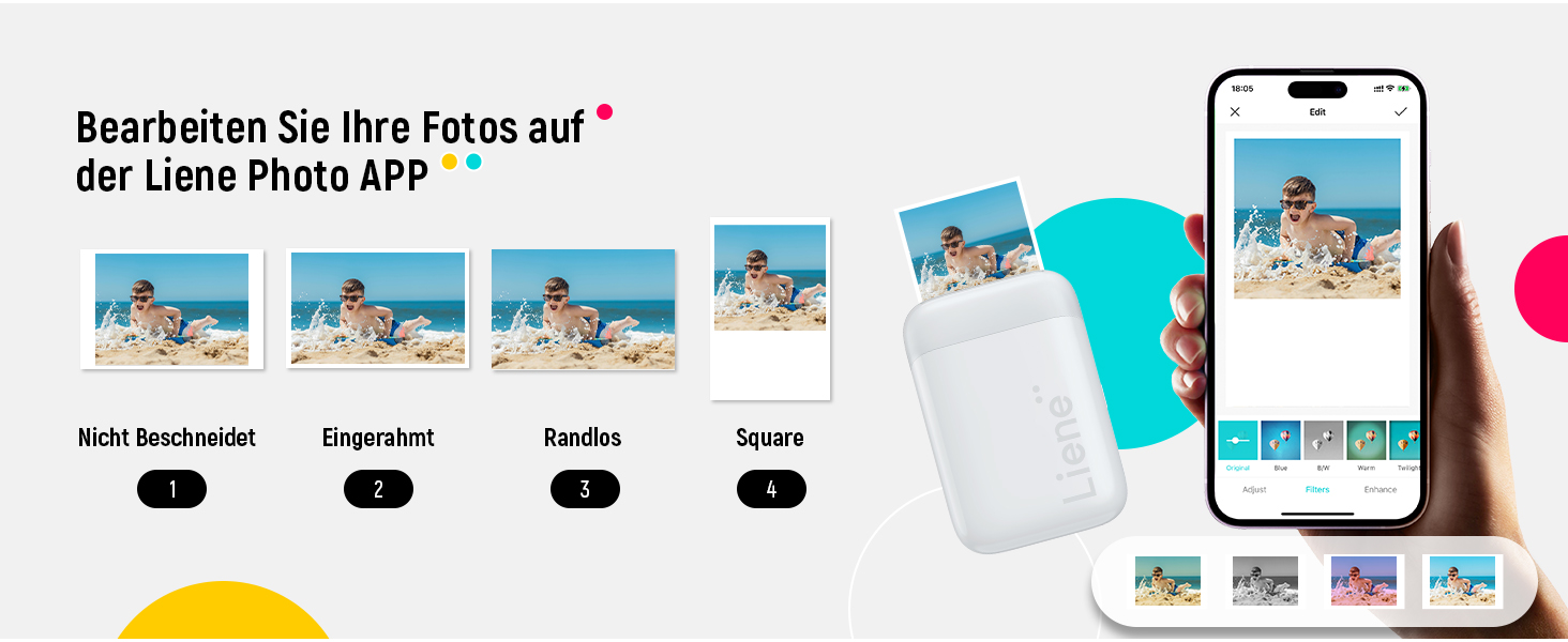 Liene Pearl K100 Міні-фотопринтер для смартфонів, білий. Підтримка Bluetooth 5.0, сумісний з iOS та Android, 5 листів фотопаперу.