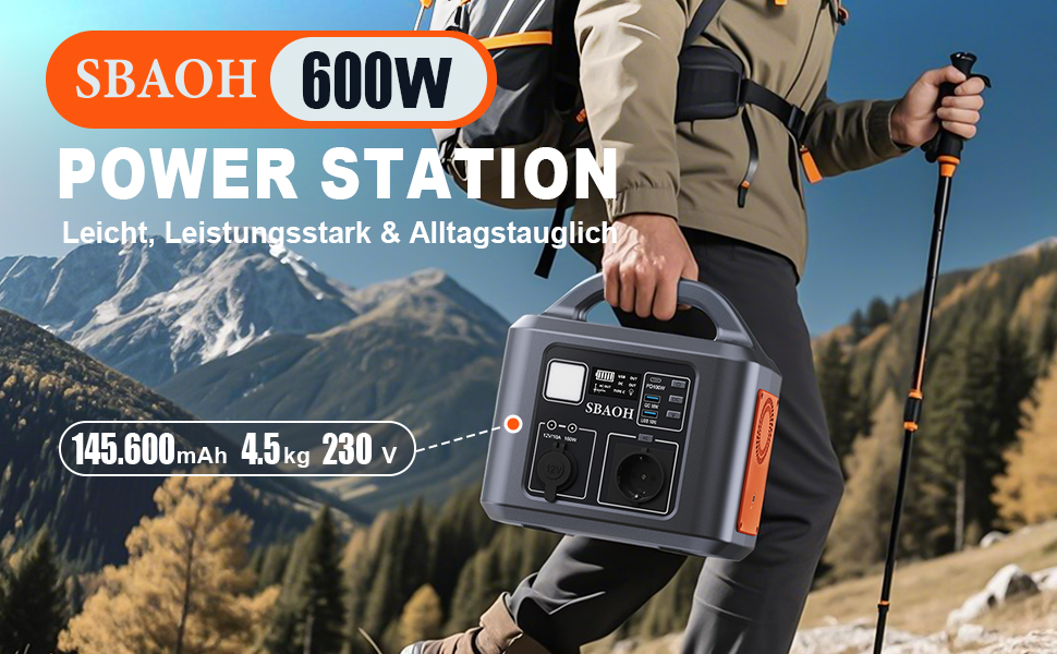 Портативна електростанція SBAOH 600W, 538.7Wh, сонячний генератор з виходом AC/USB, для подорожей, кемпінгу та надзвичайних ситуацій