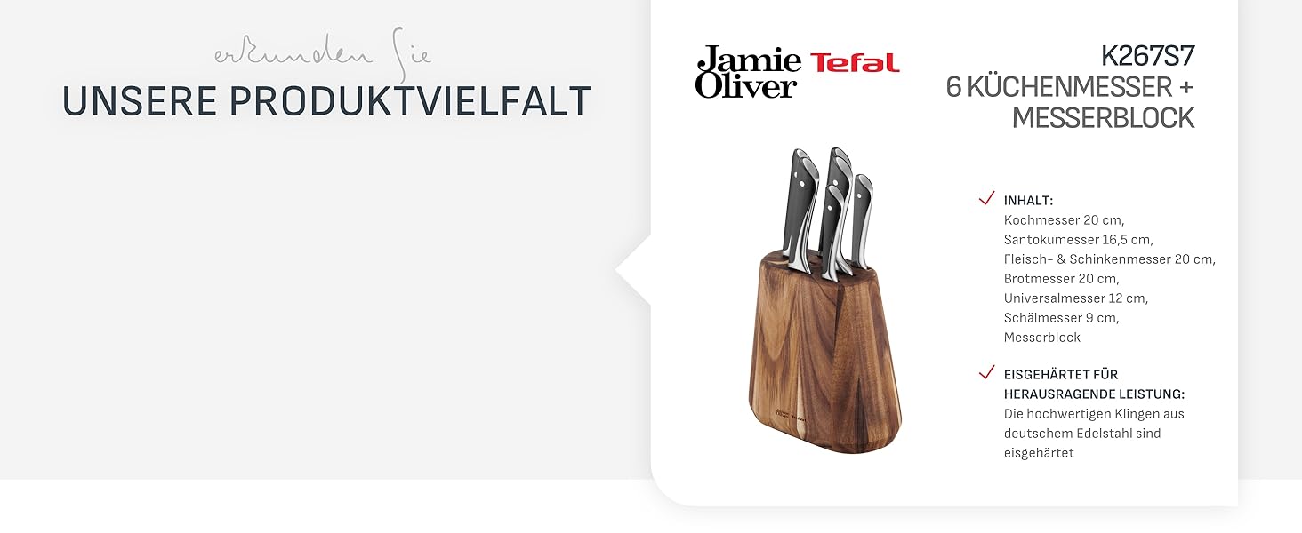 Набір кухонних ножів Jamie Oliver від Tefal з підставкою, 6 предметів: кухонний, сантоку, для хліба, універсальний та ніж для чищення, сталь з криозагартуванням, блок з акації, коричневий, K267S556