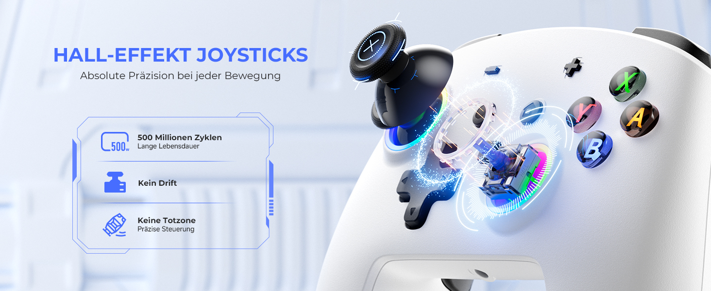 Бездротовий ігровий контролер ECHTPower для PC, Switch, Steam Deck, Android, iOS — RGB підсвічування, Hall-джойстики, вібрація, Turbo, акумулятор 800mAh (Білий)