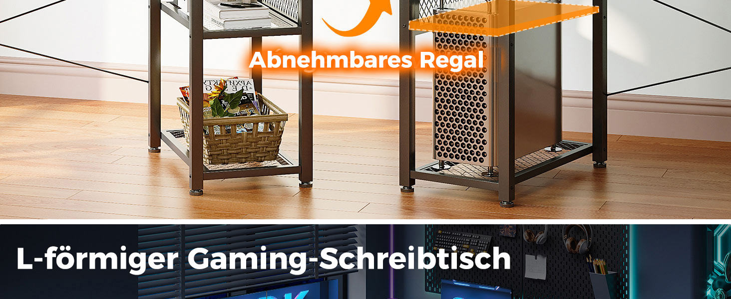 Ігровий стіл ODK з LED-підсвічуванням, 150x102 см, з 2 розетками та 2 USB-портами, кутовий, з підставкою для роутера, карбон, чорний