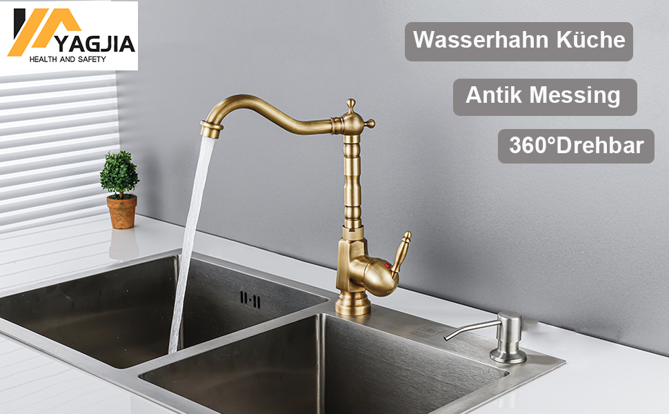 Змішувач для кухні в ретро стилі Wasserhahn, латунь антик, поворотний 360°, високий вилив