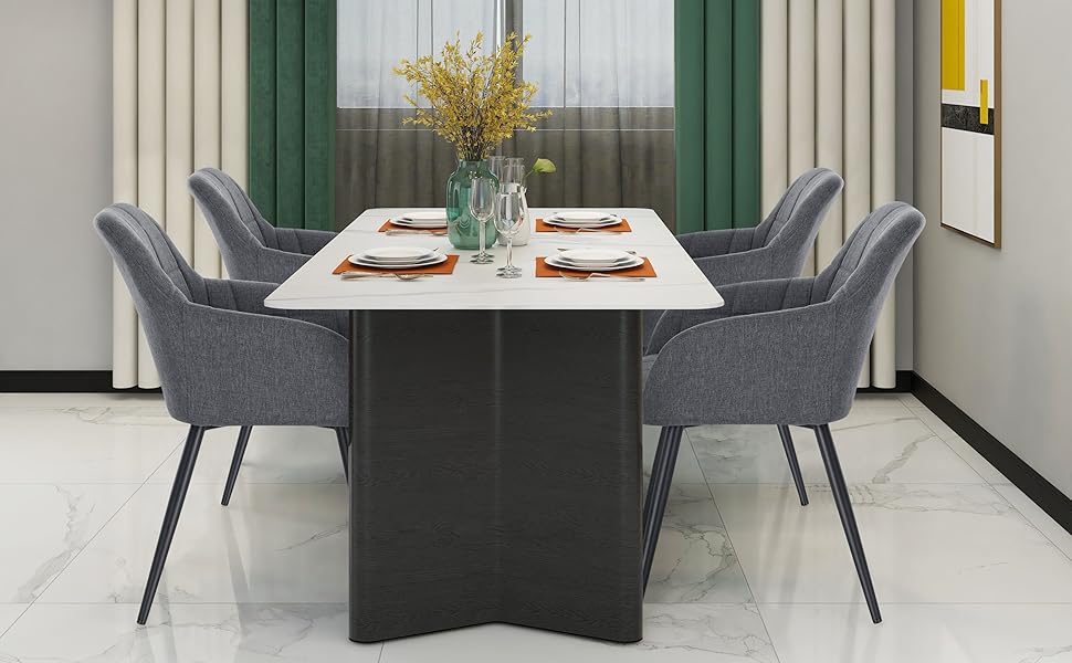 Крісла для обідньої кімнати WOLTU - 4 шт. в наборі, сучасний дизайн, з підлокітниками, з м'яким сидінням з льону, металевий каркас, темно-сірий колір