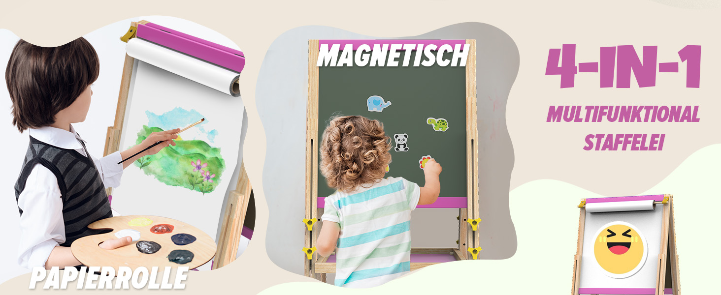 Мольберт для малювання Joyooss для дітей, регульований дерев'яний мольберт для малювання, двосторонній, сухий маркер, з аксесуарами для малювання, подарунок та канцтовари для дітей 4-8 років (РОЖЕВИЙ) 106PINK