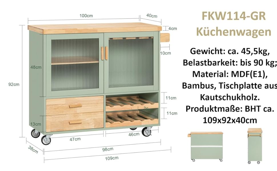 Кухонний візок SoBuy FKW114-GR зі стільницею, підставкою для спецій, візком, зелений, BHT приблизно 109x92x40см