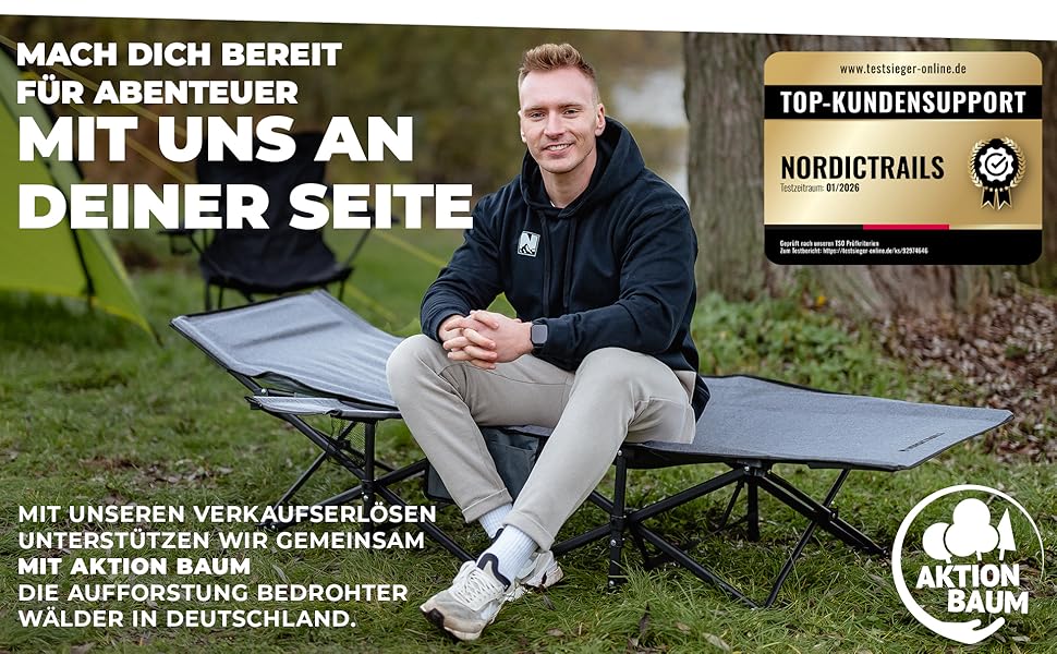 Розкладне кемпінгове ліжко NORDICTRAILS XXL з м'яким матрацом, сіре (190 x 70 см) — зручне похідне ліжко для відпочинку, риболовлі та гостей