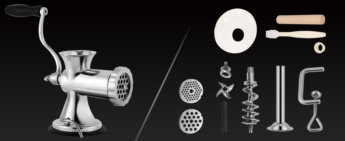 М'ясорубка ручна Hanchen з нержавіючої сталі, багатофункціональна, для ковбас та овочів (12 насадок)