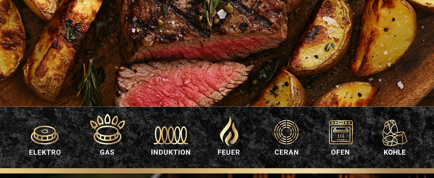 Сковорода-гриль KaiserTal з чавуну 27 см – для стейків та смаження на грилі – сумісна з індукцією, газом та духовкою