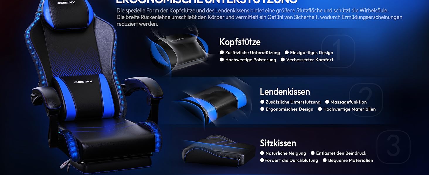 Ігровий крісло Dowinx з RGB підсвічуванням, LED, з підніжкою, для дорослих, ергономічний, з масажем попереку, PU шкіра, білий (блакитний)