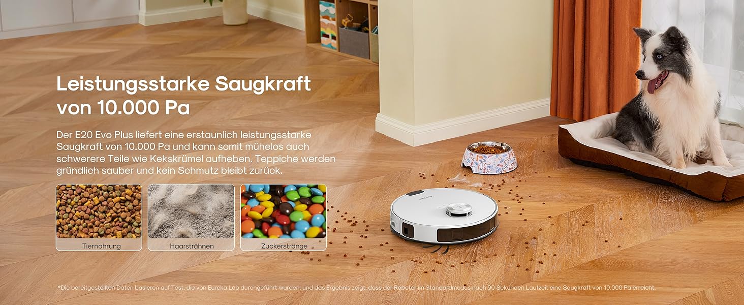 Робот-пилосос Eureka E20 Plus з потужністю 8000 Па, самостійною станцією очищення, функцією запобігання заплутування, 3D уникнення перешкод, 180 хвилин роботи, DuoDetect AI, білий