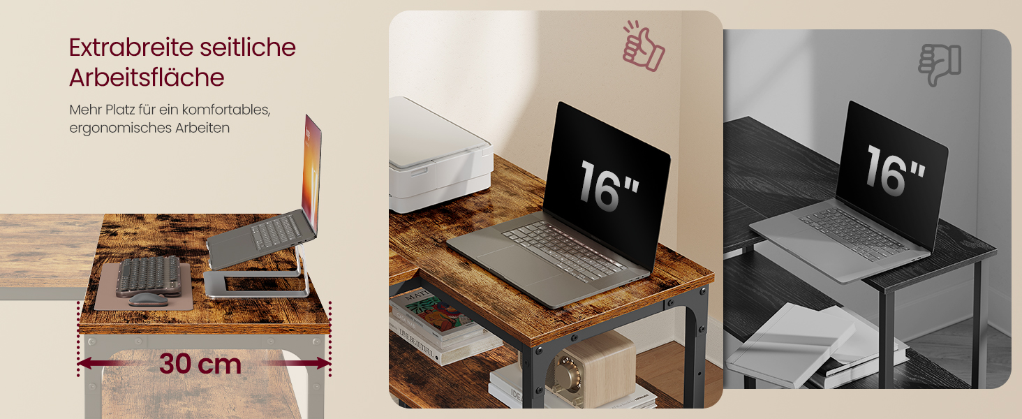 Кутовий стіл VASAGLE L-подібний для дому та офісу, комп'ютерний стіл з полицями, 120 x 80 см, вінтажний коричневий (LWD136KD01)