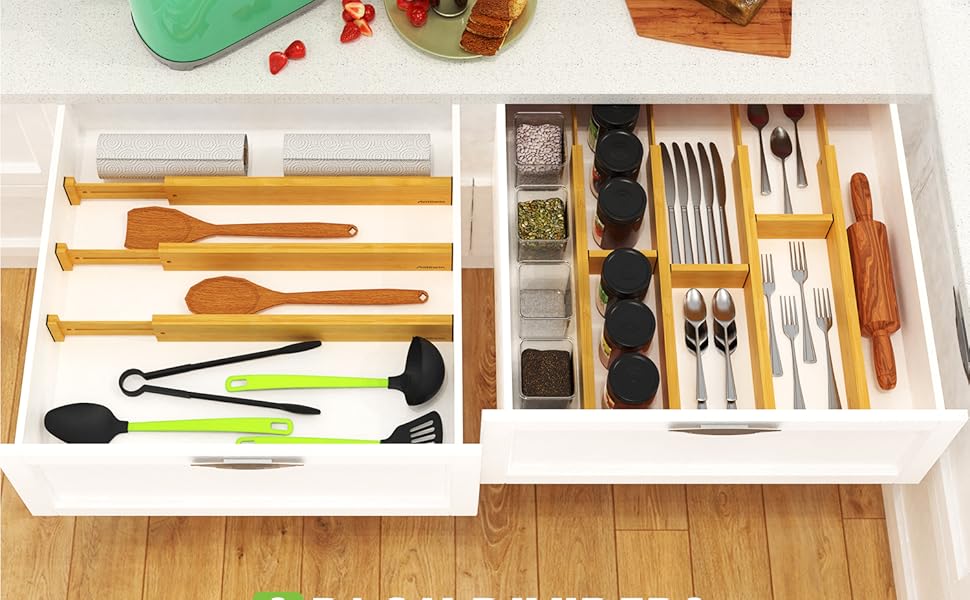Органайзери для шухляд Antowin, 10 шт., бамбук, регульовані, для кухні, ванної, дитячої кімнати, комода, письмового столу