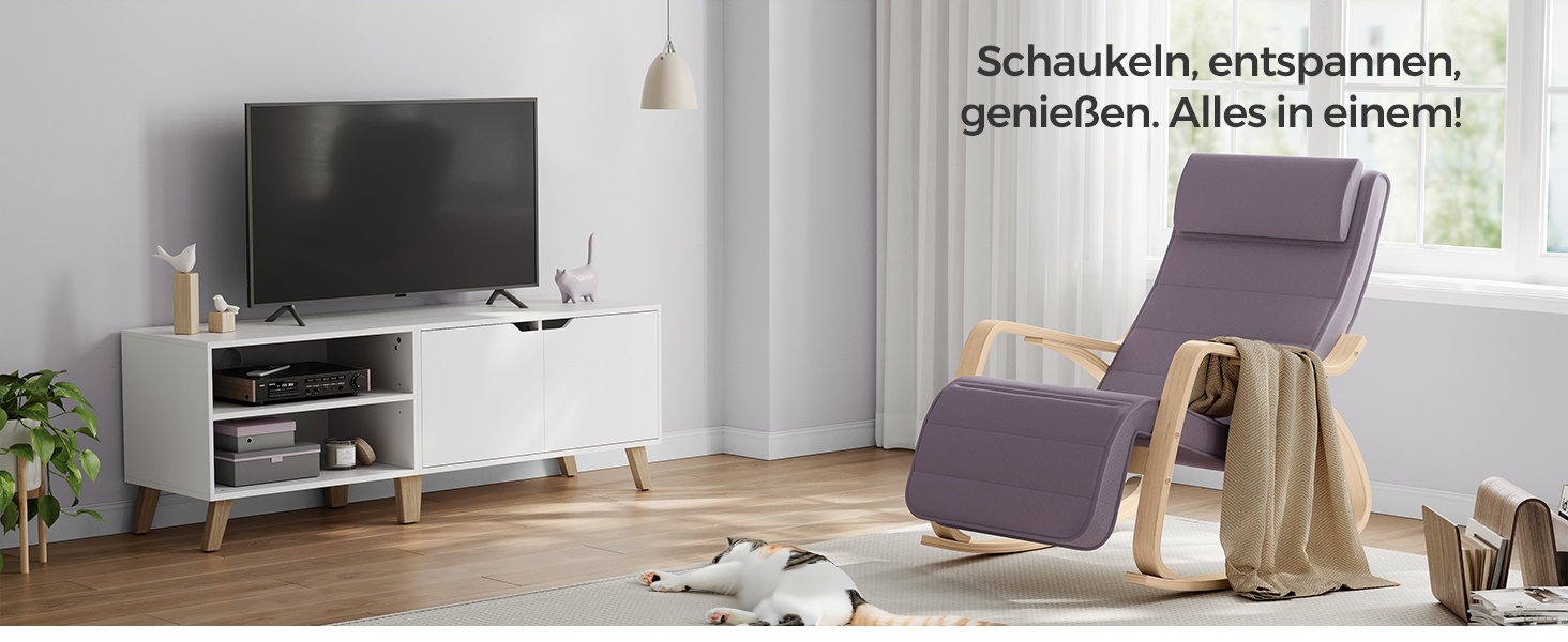 Крісло-гойдалка SONGMICS з підлокітниками з натурального дерева, регульована підставка для ніг, до 150 кг, для спальні/вітальні, темно-натуральний колір (сірий + натуральний, бавовна/поліестер)