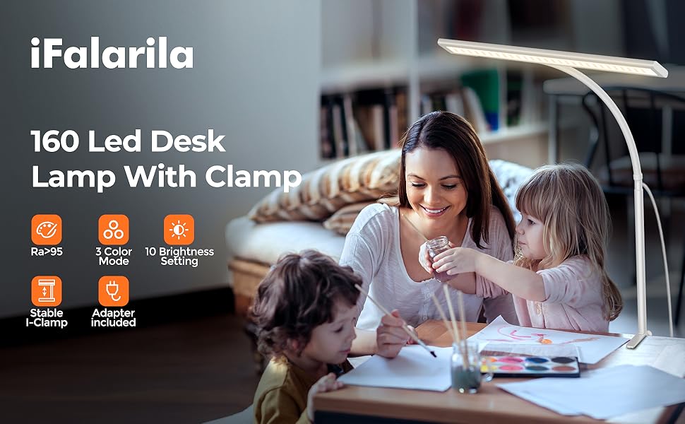 iFalarila Настільна лампа 10W з LED, регулювання яскравості, USB-порт, 3 колірні температури, 10 рівнів яскравості, гнучкий 70см шланх | Без пульта ДК