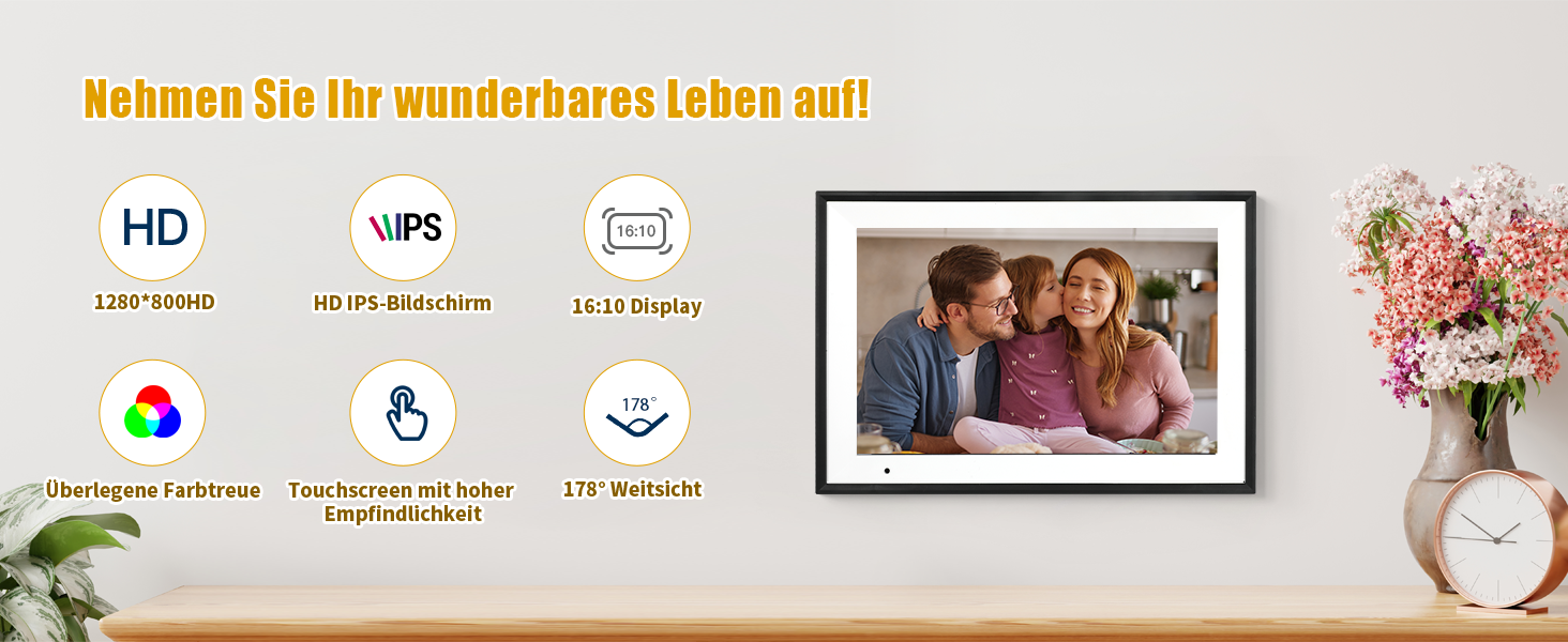 Цифровий фоторамка 10.1 дюйма з Wi-Fi, 32GB, IPS сенсорний екран, автоматичне обертання, чорний колір