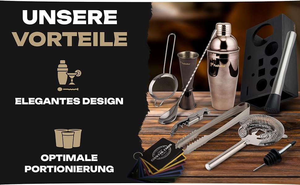Набір для коктейлів, 8 предметів, нержавіюча сталь, з шейкером, стрейнером, ложкою, рецептами та аксесуарами – ідеальний барний набір для дому, вечірок та як подарунок