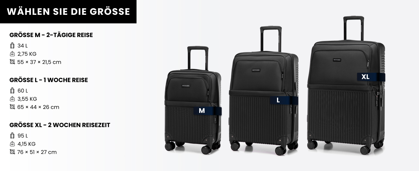 Набір валіз WITTCHEN AXIS 3 шт. | Чорний | ABS+Нейлон | Ручна поклажа M L | TSA замок, телескопічна ручка, 360° колеса