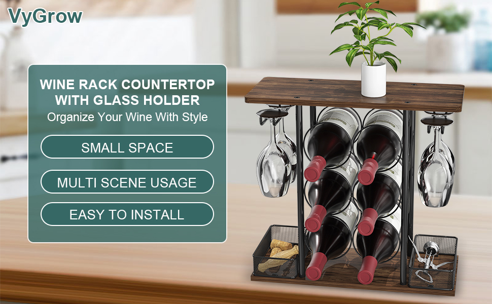 Стелаж для вина з дерева та металу на 3 яруси - 6 пляшок та 4 келихи, для дому