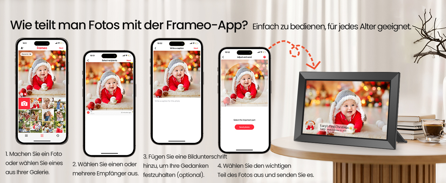 FRAMEO Цифровий фотоальбом 10.1 дюйма з Wi-Fi, IPS сенсорний екран, 32GB пам'яті, автоповорот, чорний