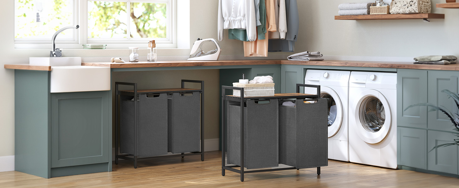 Кошик для білизни VASAGLE з 2 відділеннями, 92 л, чорно-вінтажний, з металевим каркасом