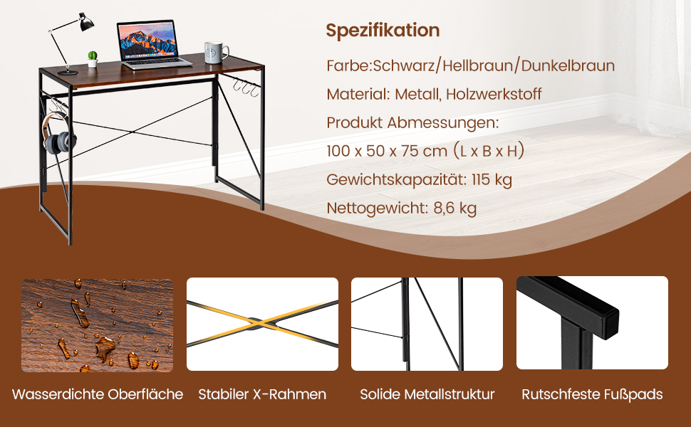 Складаний стіл COSTWAY, розкладний стіл 100 x 50 см з 6 гачками та металевим каркасом, компактний комп'ютерний стіл Промисловий робочий стіл для домашнього офісу, 115 кг з можливістю завантаження (сільський коричневий)