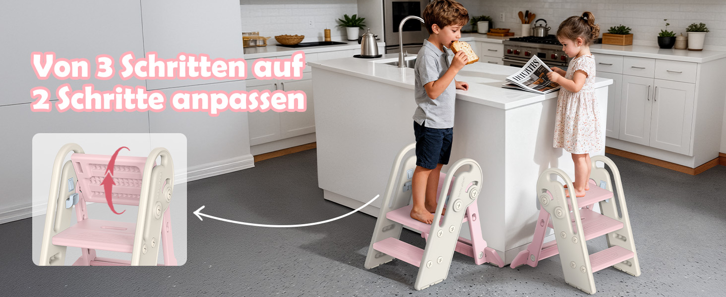 Дитячий підсходильник Onasti Tritthocker, регульована висота, 3 сходинки, з ручками, складний, анти-ковзний, для кухні, ванної кімнати, умивальника та туалету (Сірий) Сіро-білий (Рожевий)