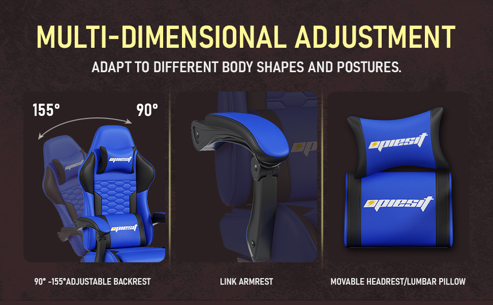 Ігровий крісло з підніжкою, регульованими підлокітниками та підтримкою попереку, ергономічне для дорослих, велике, високе, блакитне