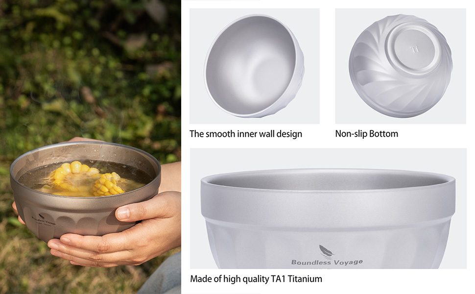 iBasingo Титанові миски з подвійними стінками 500мл та 800мл для каші, їжі, рису, супу. Легкі, портативні, металеві миски для кемпінгу та відпочинку на природі. (500ML Ti1168T)