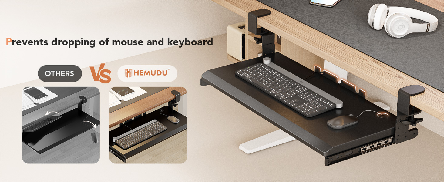 Висувна полиця під клавіатуру під стіл, чорна, з міцним C-кріпленням, 27.3x27.9 см (82.5 см з кріпленнями)