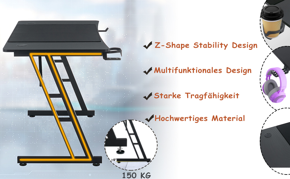 Ігровий стіл XMTECH 140x60 см з RGB LED, карбонова поверхня, ергономічний, з тримачем для навушників та підставкою для напоїв, чорний