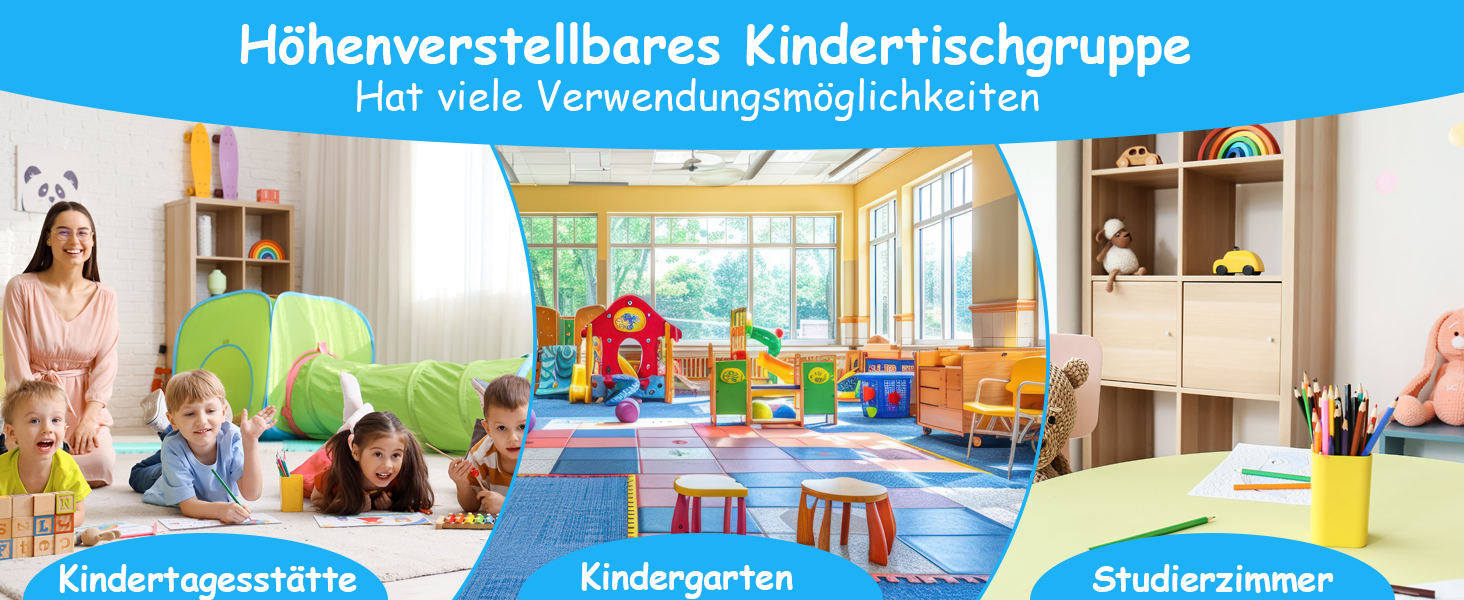 Дитячий стіл MAMIZO з 4 стільцями, регульована висота, набір для дитячої кімнати/садочка, пластикові меблі, сидіння для хлопчиків та дівчаток від 2 років (60 x 60 x 120 см, блакитний)