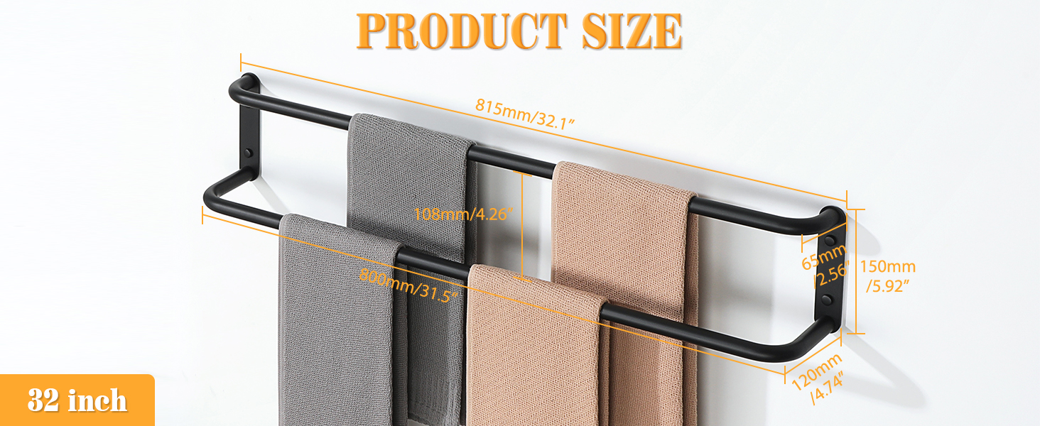 Тримач для рушників подвійний, нержавіюча сталь 304, 40 см, чорний. Настінний тримач для рушників у ванну та кухню. Набір для ванної кімнати