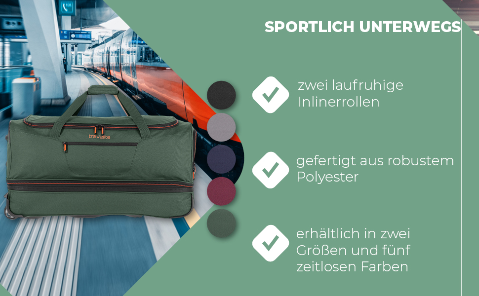 Дорожня сумка на колесах Travelite Basics Duffle L, 98-119 л, Зелено-помаранчева, 55 см