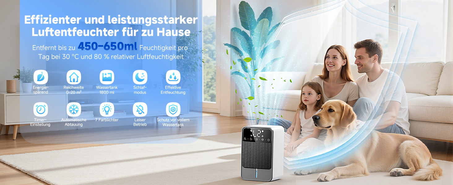 Електричний осушувач повітря 1800 мл з тихою роботою, функцією відтавання та автовимкнення, 7 кольорових підсвіток, портативний осушувач для спальні, ванної кімнати, підвалу, продуктивність 560 мл/24 год