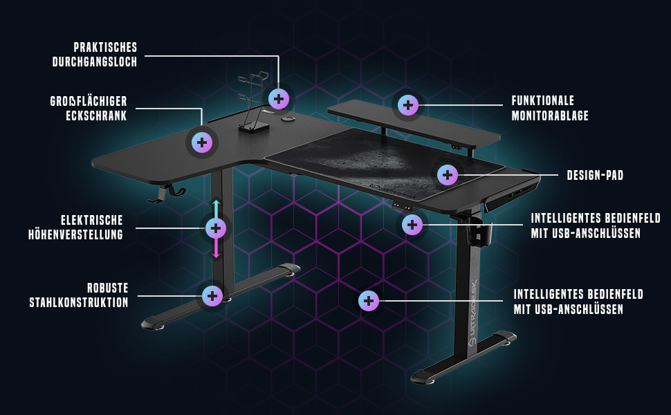 Ігровий стіл ULTRADESK Winger RGB LED L-подібний, електричний підйомний стіл для комп'ютера, білий, 155x111x60 см (лівий)
