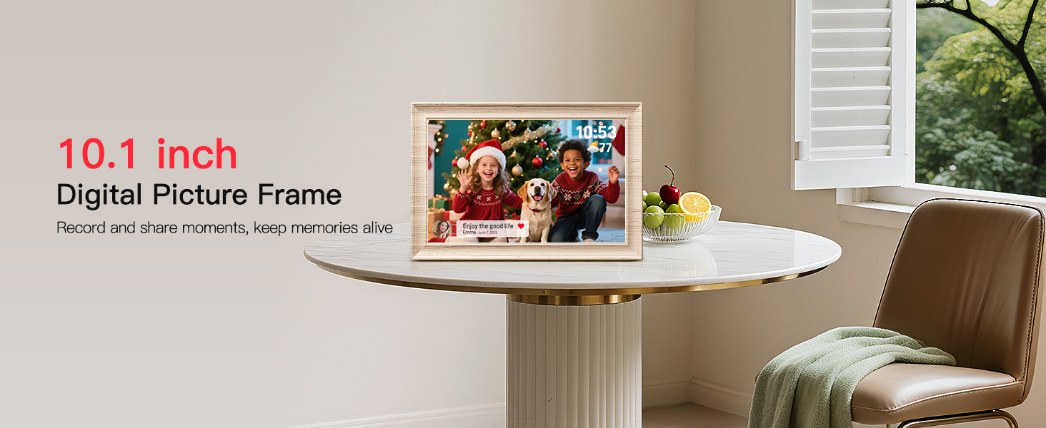 Frameo Цифровий фоторамка 10.1 дюймів, HD 1280*800 IPS сенсорний екран, 32GB пам'ять, автоповорот, Frameo App для обміну фото та відео, білий дерев'яний масив