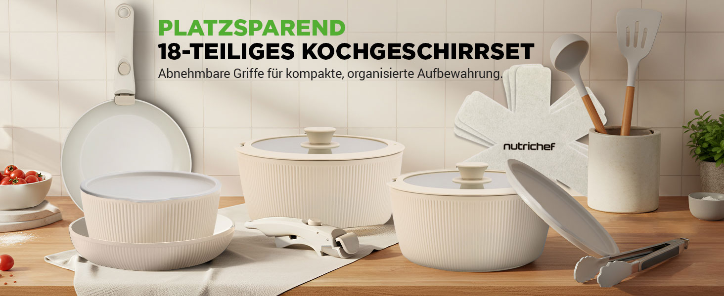 Набір посуду NutriChef 18 частин з кераміки кремового кольору з знімними ручками. Підходить для індукційних плит, всіх типів плит, духовок. Антипригарне покриття, компактний, можна складати.