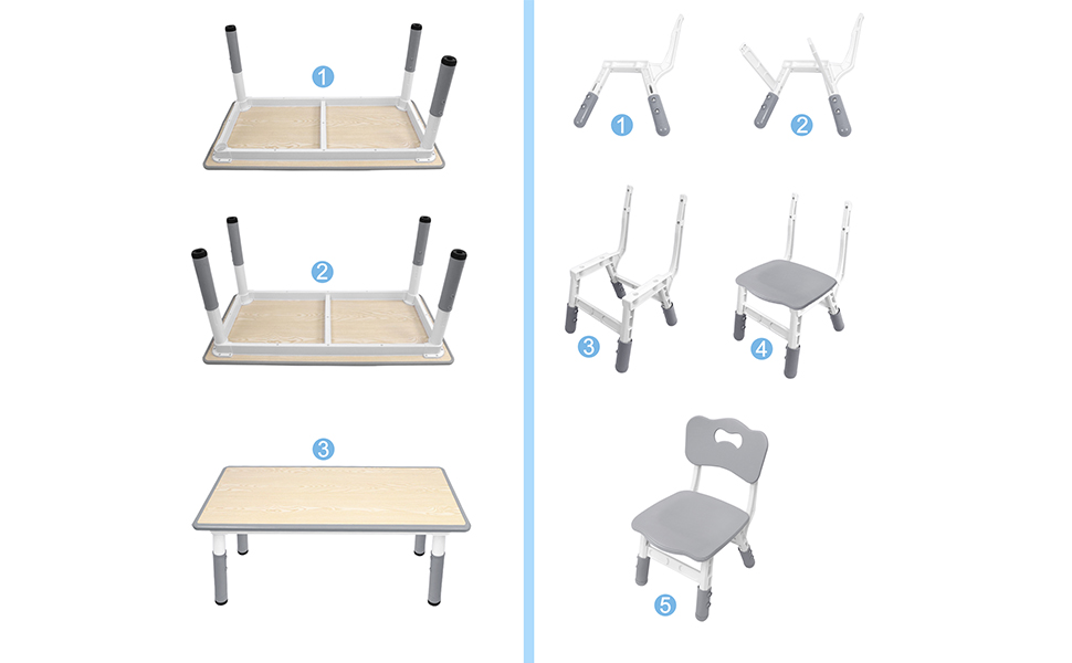 Набір дитячих столів LZQ 6-в-1 з 4 стільцями, будівельні блоки, місце для зберігання, регулювання висоти, двостороння стільниця