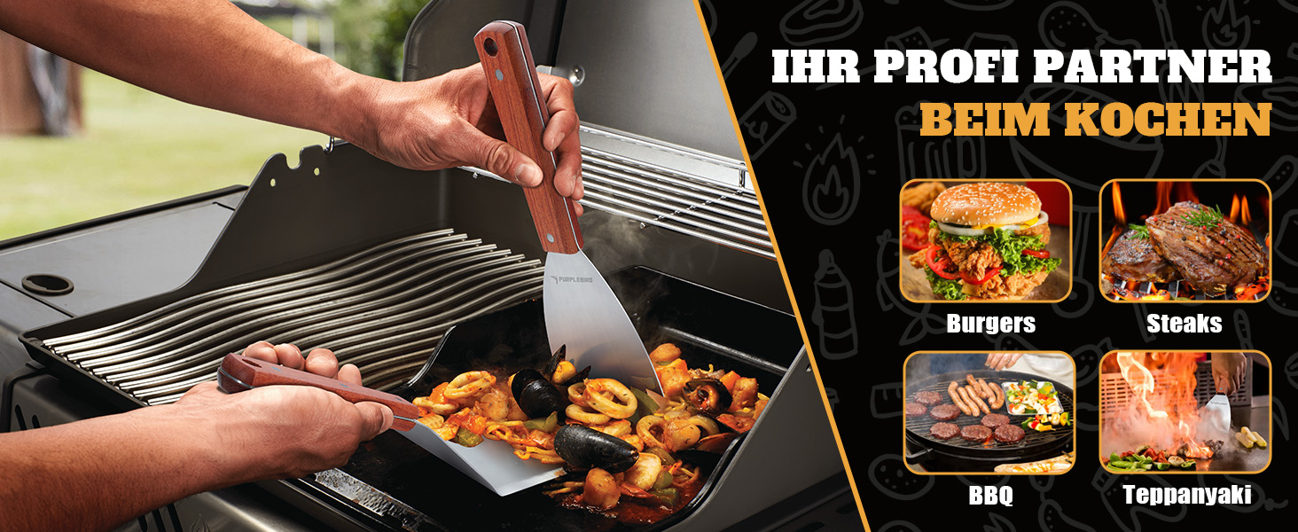 Набір гриль-посуду PURPLEBIRD 5 предметів: професійний інструмент з нержавіючої сталі, сумка-фартух, дерев'яні ручки, ідеальний для BBQ та тепаньякі, подарунок для чоловіків