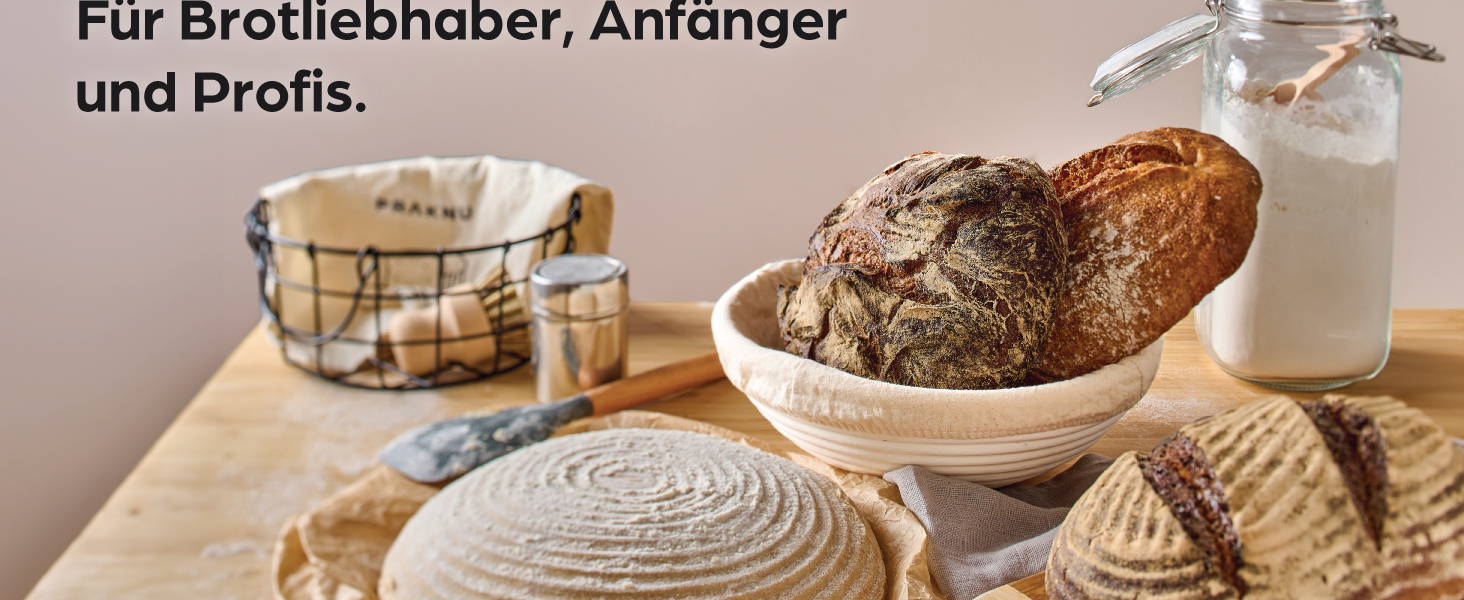 Набір кошиків для хліба Praknu (2 шт.) з ротангу, 25 см - з щіткою, льоновим вкладанням та мішком для хліба