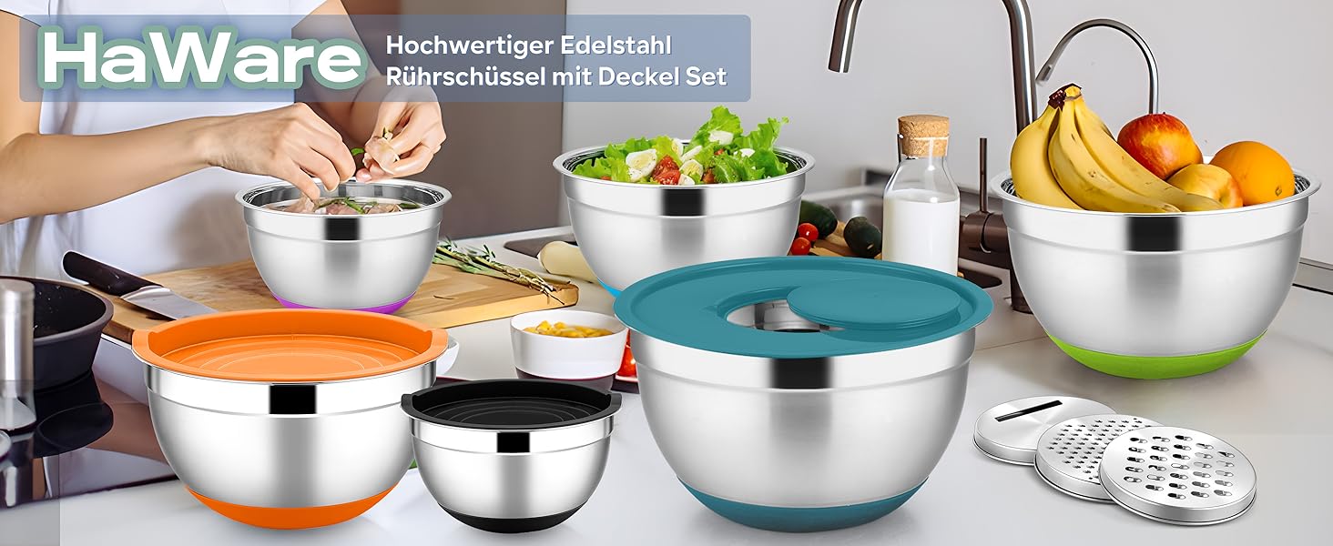 Набір мисок HaWare 6 шт. з нержавіючої сталі, 6 мисок + 6 кришок + 3 тертки, об'єм 4.6/2.8/2.5/1.6/1.2/0.7л, з антиковзним силіконовим дном, для миття в посудомийній машині