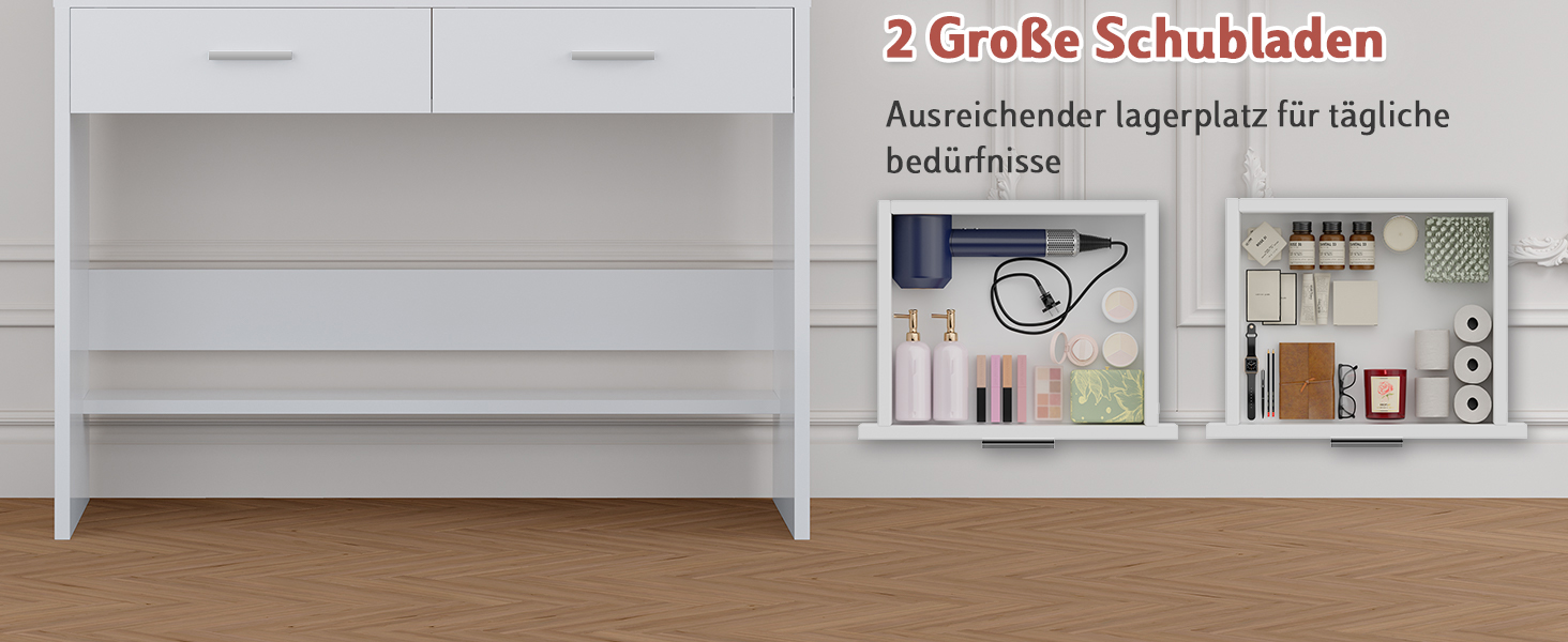 Трюмо JUMMICO з LED-підсвічуванням, дзеркалом та гачками для прикрас, 2 шухляди, 4 відкриті полиці, білий колір