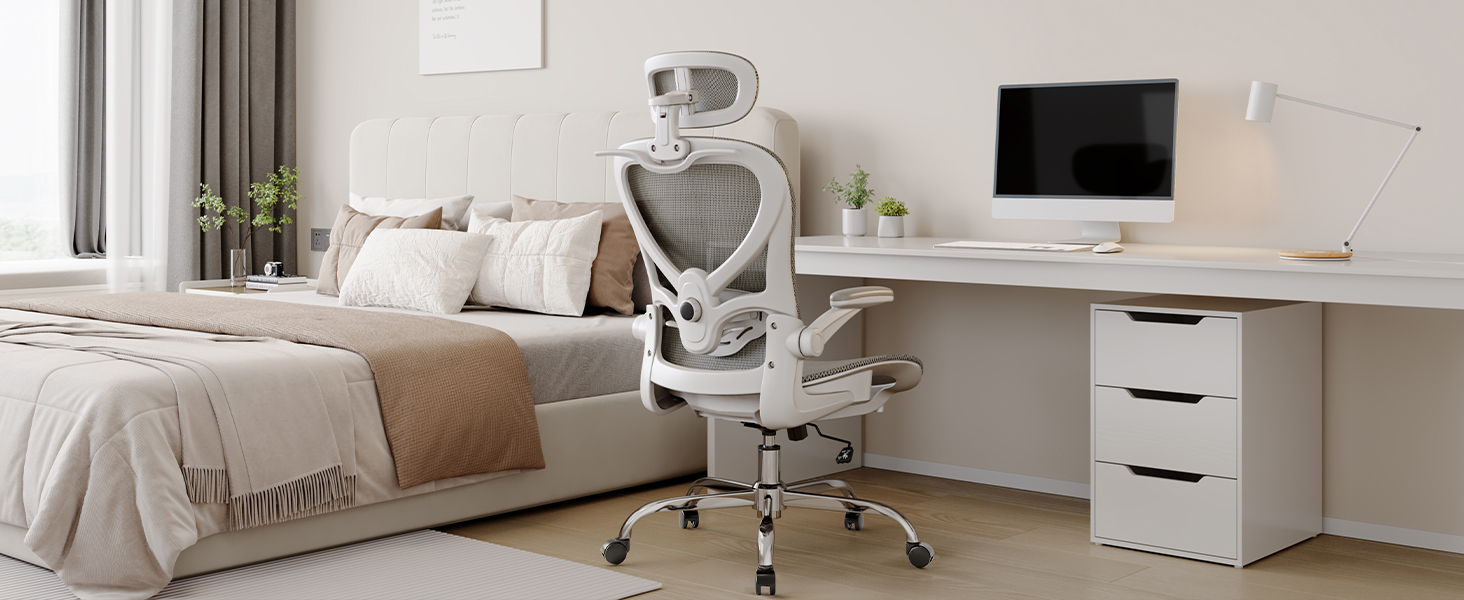 Офісне крісло LarkLeaves з ергономічною спинкою, регульованими підлокітниками, підставкою для попереку та підголівником. Максимальне навантаження 140 кг, сірий колір.