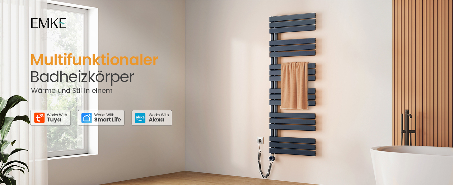 Електричний рушникосушар EMKE з термостатом 1320x500 мм, білий, 800W