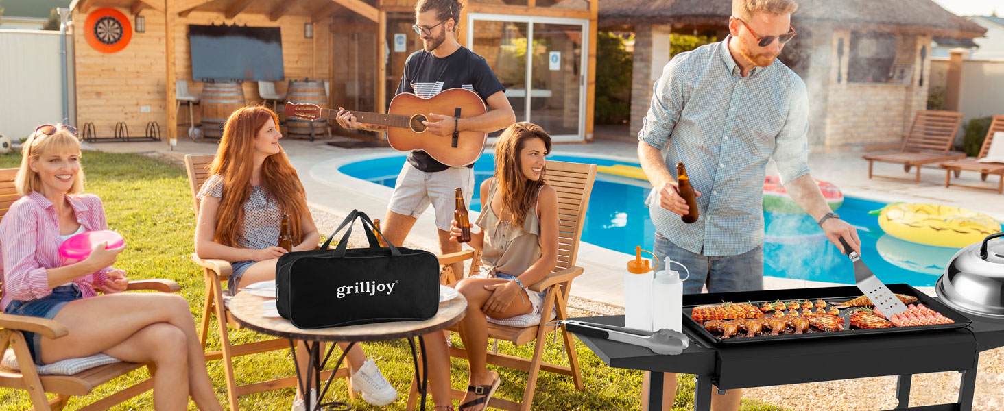 Набір аксесуарів для гриля та планки Grilljoy з нержавіючої сталі, 28 предметів, для бургерів та барбекю, чорний