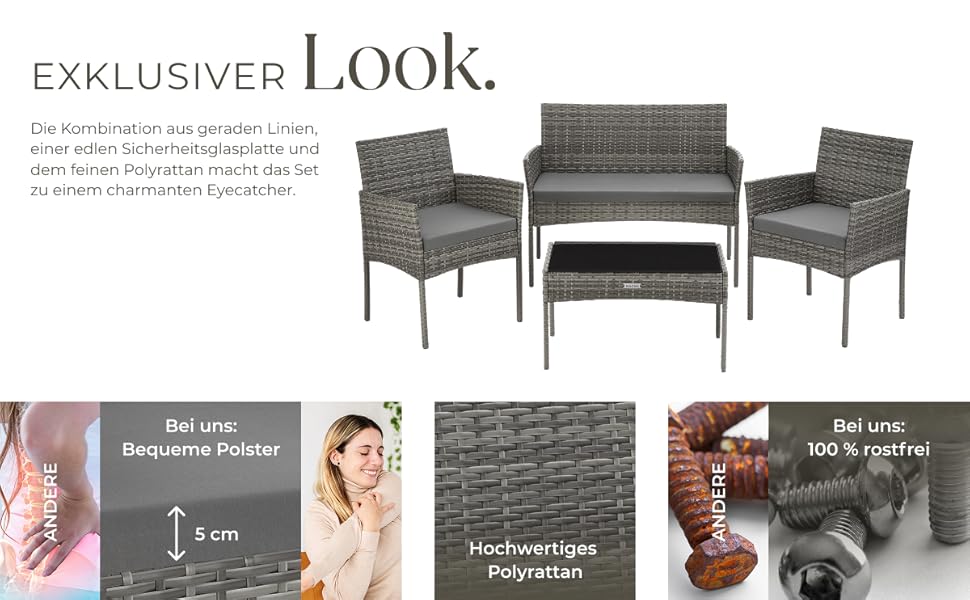 Набір садово-розкладних меблів tectake® з ротангу: банкетка, 2 крісла, столик, подушки, для балкона/тераси (сірий)