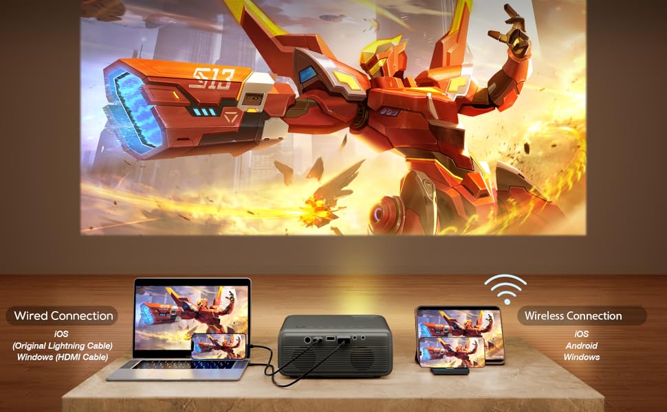 Портативний проєктор iZEEKER Mini з підтримкою 4K, WiFi, Bluetooth, HDMI, iOS, Android, PS5. Яскравість 10000 Lux, Full HD 1080P, 300 дюймів для домашнього кінотеатру. Чорний колір.